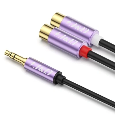 Image of J&amp;D 3.5mm to 2 RCA Cable, Gold Plated Male 2RCA Female Stereo Audio Adapter Extension Cable Purple Shell Heavy Duty Male, 0.3 M