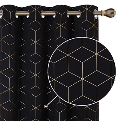 Image of Deconovo Thermal Insulated Blackout Curtains, Eyelet Super Soft Gold Diamond Printed Curtains for Bedroom, 46 x 72 Inch(Width Length), Black, One Pair