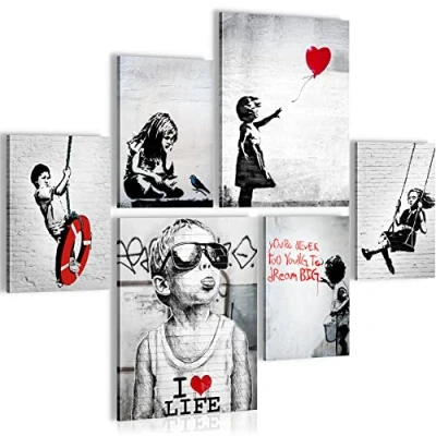 Image of Novart Canvas Wall Art 6 piece Banksy Modern Love Pictures Décor, Black and White Prints Painting for Living Room, Bedroom, Home Office, Hallway Stairs