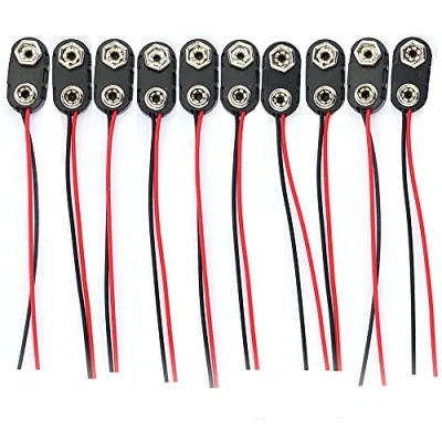 Image of 10pcs I Type 9V Battery Clip Connector Black Hard Plastic Housing Snap Red Long Cable Connection