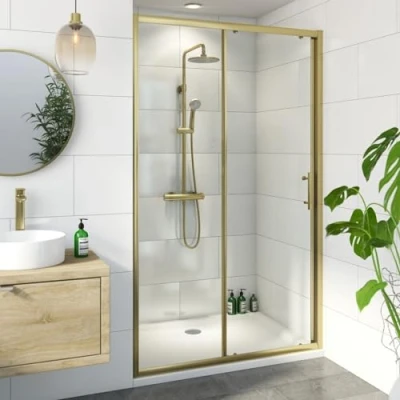 Image of Luxura® 1200mm Sliding Shower Door Screen for Wet Room Cubicle Enclosures, 6mm Toughened Safety Glass, Framed, Brushed Brass