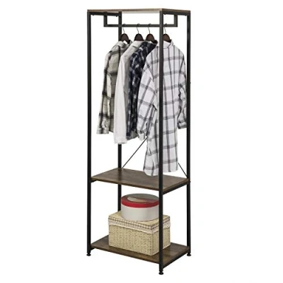 Image of eSituro Heavy Duty Clothes Rail, Wooden Clothing Rail Metal Rod Garment Rack Free Standing Wadrobe Organizer with 2 Tiers Storage Shelves Shoe Vintage