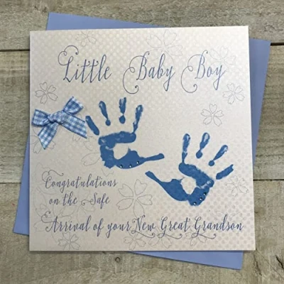 Image of white cotton cards Little Baby Boy Congratulations on The Safe Arrival of Your New Grandson Handmade Card Blue Hands, WS4