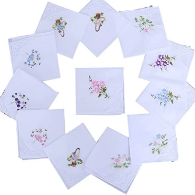Image of luosh Women&#039;s Cotton Handkerchief, Flower Vintage Embroidery Hankies Pack of 5