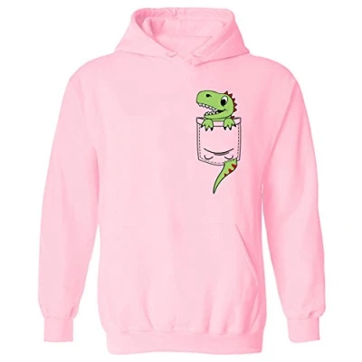Image of Pocket Dinosaur Dino Cute Character Print Pullover Hoodie Light Pink (XXL)