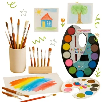 Image of Jumbo Children&#039;s PAINTING Set WITH 1 PAINTBRUSH, 12 Colors Watercolor Paint Set, Kids Drawing Palette, Colouring for EVERYDAY USE at School, Home, Art &amp; Crafts