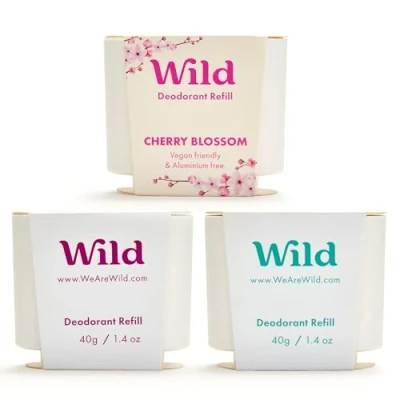 Image of Wild Natural Refillable Deodorant Variety Pack Aluminium Free Scents Include Fresh Cotton &amp; Sea Salt, Cherry Blossom and Coconut Vanilla Long Lasting Protection
