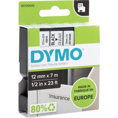 Image of DYMO Authentic D1 Labels Black Print on Clear Tape 12 mm x 7 m Self Adhesive for LabelManager Label Makers Made in Europe