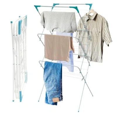 Image of 3 Tier Folding Clothes Airer for Laundry, Indoor and Outdoor Corner Spaces Hangers &amp; Non Slip Feet Foldable Drying Rack, Lightweight, Space Saving Washing Line Home Storage
