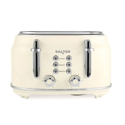 Image of Salter EK5739CRM Retro 4 Slice Toaster &quot;Wide Slots, 6 Browning Levels, Defrost, Reheat, Cancel Functions, Removable Crumb Tray, Extra Thick Bread/Bagels, High Lift Eject, Self Centring, 1630W, Cream
