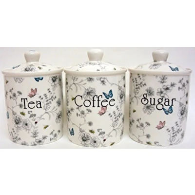 Image of Fromeuropewithlove Secret Garden Tea Coffee Sugar Canisters Set of 3 Fine Bone China Flowers Butterflies and Bees Storage Jars Hand Decorated in UK