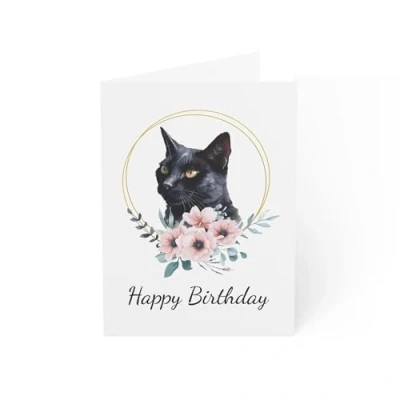 Image of Elegant Cat Birthday Card Black with Floral Design 6 x 8 Inch Made in UK Includes White Envelope Blank Inside Sustainable Materials