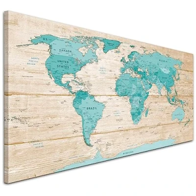 Image of Wallfillers Large Teal Cream Map of World Atlas Canvas Wall Art Prints Modern 1313 118x49cm