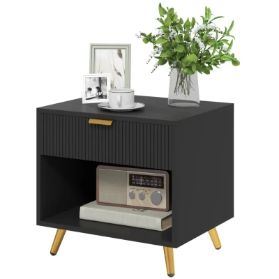 Image of HOMCOM Bedside Table, Cabinet With Drawer and Open Compartment, Nightstand Handle for Bedroom, Living Room, Black