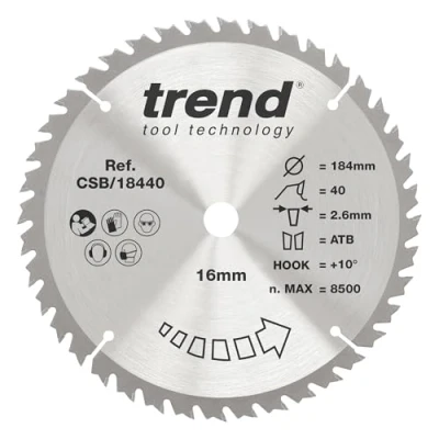 Image of Trend Wood Circular Saw Blade, 184mm Diameter, 16mm Bore, 40 Teeth, TCT, 2.6mm Kerf, +15 Hook, CSB/18440