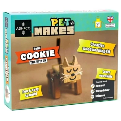 Image of Ash &amp; Co Pet Makes Build a Wooden Kitten Model Woodwork Kit for Kids Fun Craft Boys and Girls Age 6+ (Cookie The Kitten)