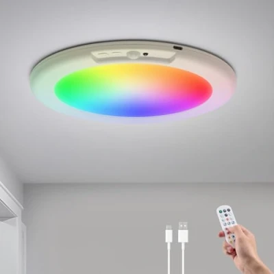 Image of Combuh Battery Powered Motion Sensor RGB Ceiling Light, LED Rechargeable Lights, USB Wireless Lamp with Remote for Shed Indoor Bathroom Garage Loft Porch
