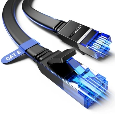 Image of UGREEN Ethernet Cable 1M, Cat 8 Internet Flat High Speed 40Gbps 2000Mhz Network Cable, Gigabit RJ45 LAN Patch Cord Compatible for PC/Laptop, PS5, Xbox, Modem, Router, Switch, TV