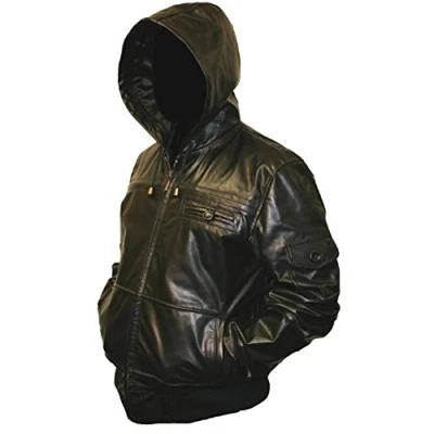 Image of Mens Black Hooded Hoody Leather Jacket S