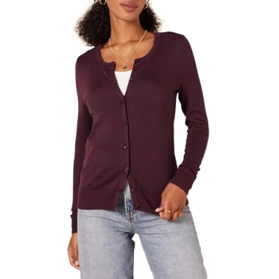 Image of Amazon Essentials Women&#039;s Lightweight Crewneck Cardigan Jumper (Available in Plus Size), Burgundy, S