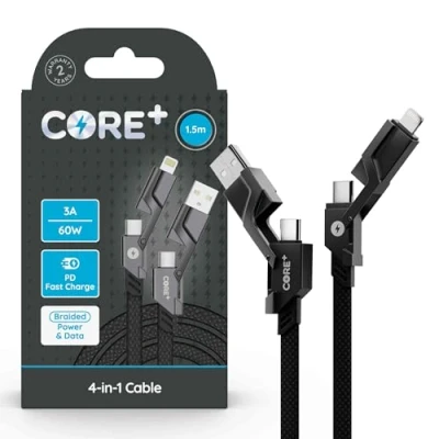 Image of CORE+ 4 in 1 Cable Up to 60W Power Delivery &amp; 480Mbps Data Transfer Type C, 8 Pin, A Connectors