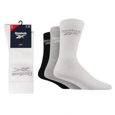 Image of Mens and Women&#039;s 3 Pair Reebok Core Cotton Crew Socks White / Grey Black 4.5 6 UK