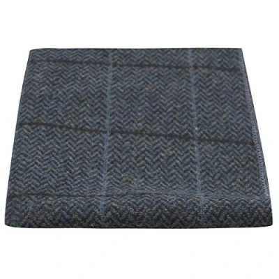 Image of King &amp; Priory Luxury Aegean Blue Herringbone Check Pocket Square, Handkerchief, Tweed
