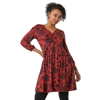 Image of Roman Originals Tea Dress for Women UK Ladies Skater Swing Fit &amp; Flare Flattering Summer Knee Length Frill Hem Ruched Chest Casual Smart Cocktail Party Going Out Rust Size 12