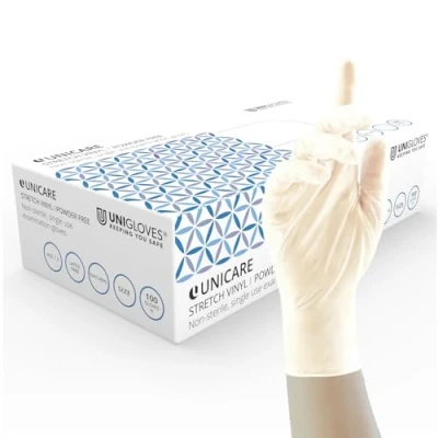 Image of Unigloves Unicare Stretch Vinyl GS0134 A Examination Multipurpose, Disposable Gloves, Box of 100 Natural, Large