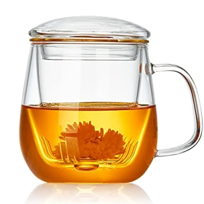 Image of DOPUDO PAVILION Glass Tea Cup with Infuser and Lid, 17.6oz/ 520ml Borosilicate Large Mug Infuser, Clear Teacup for Loose Leaf Tea, Blooming Bag