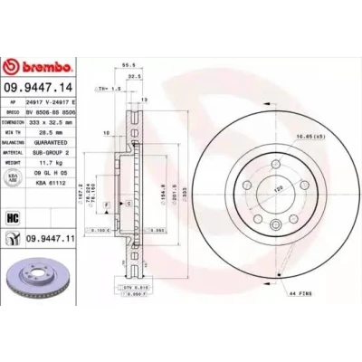 Image of 7H0615301E, 7H0615301F Brake DISC BREMBO Coated LINE 09.9447.11 333mm 32,5mm 5 internally vented High carbon VOLKSWAGEN: Transporter