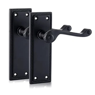 Image of XFORT Black Beauty Range Matt Hanoverian Lever Latch Handles, Georgian Style Backplate Door Contemporary Handle Set for Internal Wooden Doors (1 Pair)