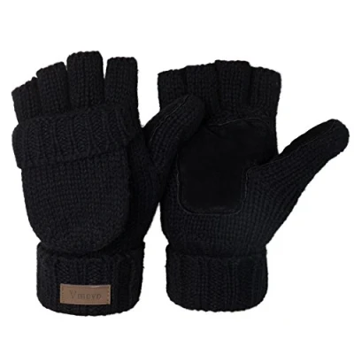 Image of Winter Knitted Mitten Convertible Fingerless Gloves Unisex Warm Wool Glove for Women and Men One Size