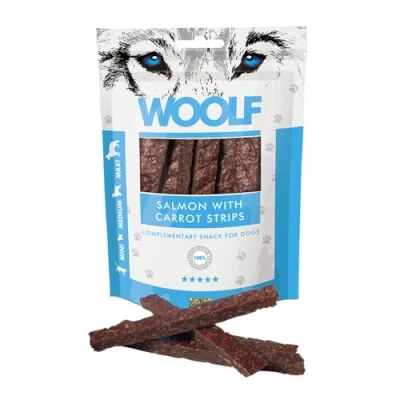 Image of WOOLF Salmon with Carrot Strips Complimentary Snacks for Dogs. Dog Treats All Natural Ingredients, High Meat Content, Free from Artificial Additives. Suitable Dogs (100g)