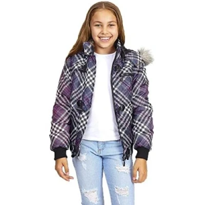 Image of BRAVE SOUL Girls Marley Checked Faux Fur Trim Hood Warm Padded Bomber Jacket