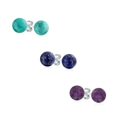 Image of Set of 3 Simple Blue Lapis Purple Amethyst Turquoise Gemstone Round Ball Stud Earrings For Women .925 Sterling Silver 6MM