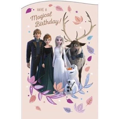 Image of Disney Frozen II Open Girls Birthday Card from UK Greetings Magical Anna, Elsa, Sven and Olaf Foil Finish