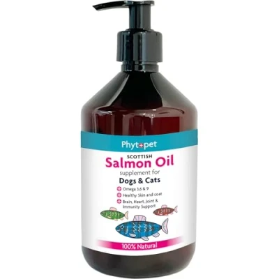 Image of Phytopet Scottish Salmon Oil 500ml Pure Omega 3, 6 &amp; 9 Fish Food Supplement For Itchy Skin, Joint Care, Heart Health Natural Coat Dogs, Cats, Horses, Small Mammals, Pets