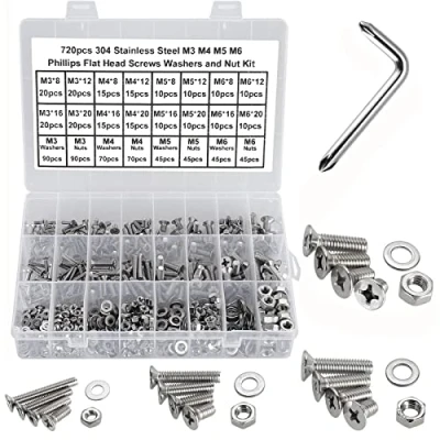 Image of FandWay 720Pcs M3 M4 M5 M6 Cross Countersunk Machine Screw,Phillips Flat Head Screws,304 Stainless Steel Screws,Bolt Nut Washers Assortment Set with 1 Wrench and Storage Case.