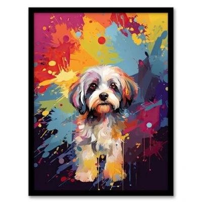 Image of Artery8 Shih Tzu Dog Lover Gift Pet Portrait Colourful Artwork Painting Framed Wall Art Print 18X24 Inch