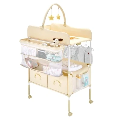 Image of VEVOR Baby Changing Table, Foldable Diaper Change Station with 2 Fabric Drawers, Side Basket &amp; Hanging Rod, Adjustable Height Portable Table Lockable Wheels Star Toys, Light Beige