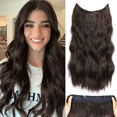 Image of Invisible Wire Hair Extensions with Adjustable Transparent Wire, 20 Inch Synthetic Halos Extension 5 Sizes, Secret Clip In Real (Color: Dark Brown)