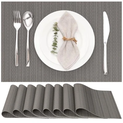 Image of Myir JUN Table Mats Set of 8, Place Placemats Washable Non slip Heat Insulation Woven Vinyl for Kitchen Dinning Restaurant 18&quot;X12&quot; (Dark Gray)