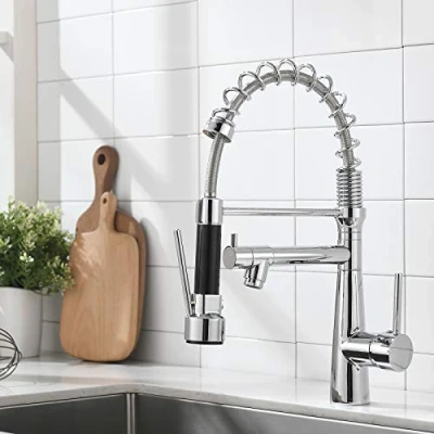 Image of TIMACO Kitchen Tap Chrome with Spiral Spring, 360 Swivel Sink Fittings Two Spout, &amp; Shower Extendible High Pressure