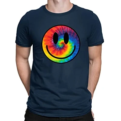 Image of Mens Tie Dye Happy Smile Face Acid Rave T Shirt Navy Blue (L)