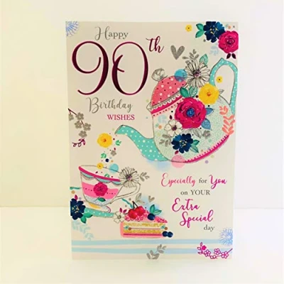 Image of Jonny Javelin Female Happy 90th Age 90 Birthday Card Afternoon Tea