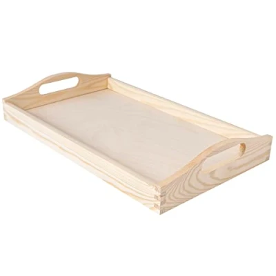 Image of Creative Deco Large Wooden Serving Tray for Breakfast 39.5x24x6.3cm Rectangular &amp; Unpainted with Handles Bed Coffee Tea Drinks Food Platter Kitchen Bedroom Table