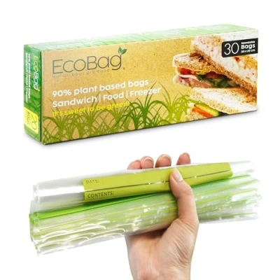 Image of Ecobag 30 Pack Reusable Freezer/Sandwich Bags 2.5 Litre Size, 35 Microns Eco Friendly Sugarcane Plastic Recyclable &amp; 200x250mm