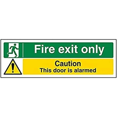 Image of V Safety Fire Exit Only/Door Alarmed 600 x 200 mm Sign