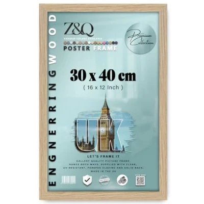 Image of Z&amp;Q Wall Mounted Poster Picture Frame Oak 40 x 30 cm Display Painting Photo Print With HD Clear Perspex Both Ways Hanging Hooks MDF Wood 30x15mm Moulding